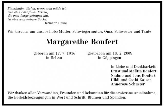 Lengyel Margarethe 1916-2009 Todesanzeige